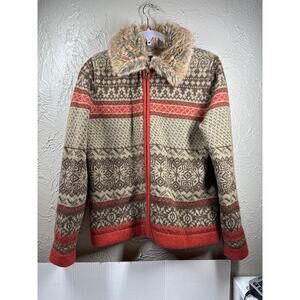 Cambridge Dry Goods Brown Tan Orange 100% wool‎ Full Zip Faux Fur Collar Small